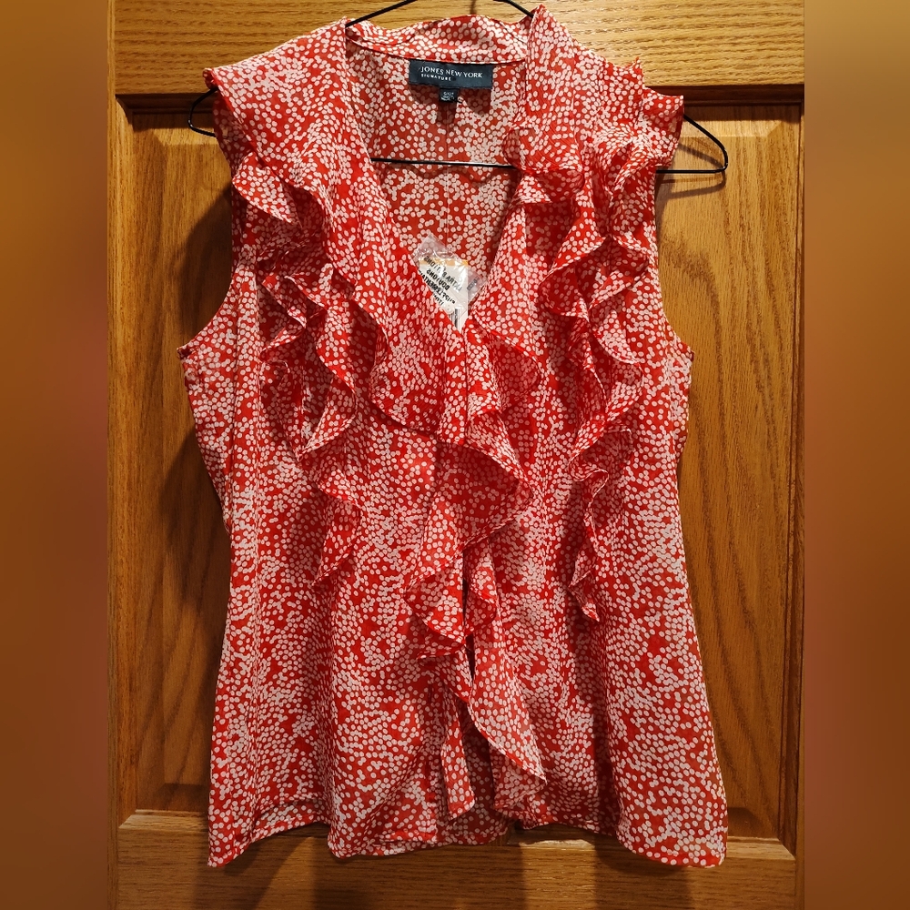 Jones New York Signature Red and White Ruffle Blouse